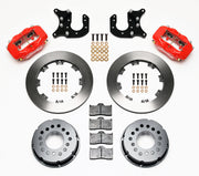 Components laid out for the Wilwood rear Dynalite Pro Series brake kit for Mopar/Dana Axles, 2.72-Inch Offset, plain face rotors and red powder coat calipers