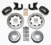 Components laid out for the Wilwood rear Dynalite Pro Series brake kit for Mopar/Dana Axles, 2.36-Inch Offset, SRP drilled and slotted rotors and black powder coat calipers