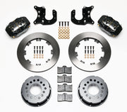 Components laid out for the Wilwood rear Dynalite Pro Series brake kit for Mopar/Dana Axles, 2.36-Inch Offset, plain face rotors and black powder coat calipers