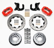 Components laid out for the Wilwood rear Dynalite Pro Series brake kit for Mopar/Dana Axles, 2.36-Inch Offset, SRP drilled and slotted rotors and red powder coat calipers