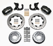 Components laid out for the Wilwood rear Dynalite Pro Series brake kit for New-Style Big Ford Ends, 2.50-Inch Offset, SRP drilled and slotted rotors and black powder coat calipers