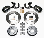 Components laid out for the Wilwood rear Dynalite Pro Series brake kit for New-Style Big Ford Ends, 2.50-Inch Offset, plain face rotors and black powder coat calipers