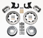 Components laid out for the Wilwood rear Dynalite Pro Series brake kit for New-Style Big Ford Ends, 2.50-Inch Offset, SRP drilled and slotted rotors and polish calipers