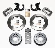 Components laid out for the Wilwood rear Dynalite Pro Series brake kit for New-Style Big Ford Ends, 2.50-Inch Offset, plain face rotors and polish calipers