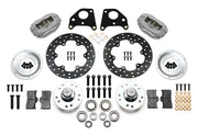 Components laid out for the Wilwood front Dynalite Drag brake kit for Mopar B/E-Body Drum Spindles, drilled rotors and Type III anodized calipers