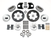 Components laid out for the Wilwood front Dynalite Drag brake kit for Mopar A-Body 9-Inch Drum Spindles, drilled rotors and Type III anodized calipers