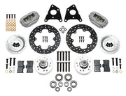 Components laid out for the Wilwood front Dynalite Drag brake kit for Mopar A-Body 10-Inch Drum Spindles, drilled rotors and Type III anodized calipers