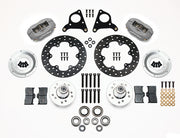 Components laid out for the Wilwood front Dynalite Drag brake kit for Mopar Disc-Brake Spindles, drilled rotors and Type III anodized calipers