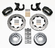 Components laid out for the Wilwood rear Dynalite Pro Series brake kit for Ford Mustang 8.8-Inch Five-Lug Axles, SRP drilled and slotted rotors and black powder coat calipers