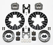 Components laid out for the Wilwood front Dynalite Single Floater brake kit for P&S Spindle-Mount Wheels, drilled rotors and Type III anodized calipers