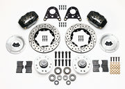 Components laid out for the Wilwood front Dynalite brake kit for Art Morrison Struts, SRP drilled and slotted rotors and black powder coat calipers