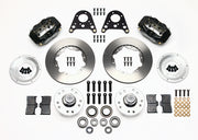 Components laid out for the Wilwood front Dynalite brake kit for Art Morrison Struts, plain face rotors and black powder coat calipers