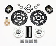 Components laid out for the Wilwood front Dynapro Single brake kit for Chassis Engineering Struts, drilled rotors and Type III anodized calipers