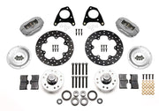 Components laid out for the Wilwood front Dynalite Drag brake kit for Ford Mustang/Thunderbird Five-Lug Spindles, drilled rotors and Type III anodized calipers