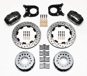 Components laid out for the Wilwood rear Dynalite Pro Series brake kit for Chevrolet 12-Bolt C-Clip-Eliminator Ends, SRP drilled and slotted rotors and black powder coat calipers