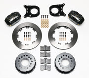 Components laid out for the Wilwood rear Dynalite Pro Series brake kit for Chevrolet 12-Bolt C-Clip-Eliminator Ends, plain face rotors and black powder coat calipers