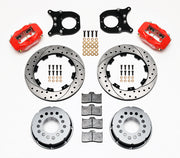 Components laid out for the Wilwood rear Dynalite Pro Series brake kit for Chevrolet 12-Bolt C-Clip-Eliminator Ends, SRP drilled and slotted rotors and red powder coat calipers