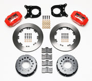 Components laid out for the Wilwood rear Dynalite Pro Series brake kit for Chevrolet 12-Bolt C-Clip-Eliminator Ends, plain face rotors and red powder coat calipers
