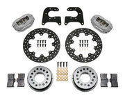 Components laid out for the Wilwood rear Dynalite Drag brake kit for Mopar/Dana Snap-Ring Bearings, 2.36-Inch Offset, drilled rotors and Type III anodized calipers