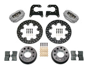 Components laid out for the Wilwood rear Dynalite Drag brake kit for Oldsmobile/Pontiac Ends, 11/16-Inch Studs, drilled rotors and Type III anodized calipers