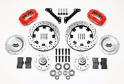 Wilwood front Dynalite kit for GM 11-Inch-Rotor Spindles, red calipers and 12.19-inch srp drilled and slotted rotors laid out
