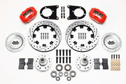 Wilwood front Dynalite kit for Ford Drum-Brake Spindles, red calipers and 12.19-inch srp drilled and slotted rotors laid out