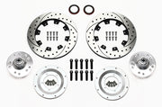 Wilwood Granada front hub kit with drilled/slotted rotors, adapters, studs and seals laid out