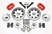 Wilwood front Dynalite kit for GM 11-Inch-Rotor Disc Spindles, red calipers and 12.19-inch srp drilled and slotted rotors laid out