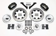 Wilwood front Dynalite kit for GM 11-Inch-Rotor Disc Spindles, black calipers and 12.19-inch srp drilled and slotted rotors laid out