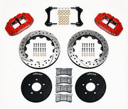 Wilwood front Superlite 6R kit for Ford Mustang Five-Lug Spindles, red calipers and 12.88-inch srp drilled and slotted rotors laid out