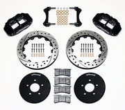 Wilwood front Superlite 6R kit for Ford Mustang Five-Lug Spindles, black calipers and 12.88-inch srp drilled and slotted rotors laid out