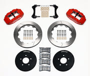 Wilwood front Superlite 6R kit for Ford Mustang Five-Lug Spindles, red calipers and 12.88-inch gt slotted rotors laid out