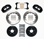 Wilwood front Superlite 6R kit for Ford Mustang Five-Lug Spindles, black calipers and 12.88-inch gt slotted rotors laid out