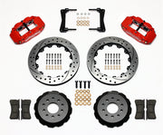 Wilwood front Superlite 6R kit for Ford Mustang, red calipers and 13.06-inch srp drilled and slotted rotors laid out