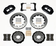 Wilwood front Superlite 6R kit for Ford Mustang, black calipers and 13.06-inch srp drilled and slotted rotors laid out