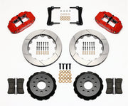 Wilwood front Superlite 6R kit for Ford Mustang, red calipers and 13.06-inch gt slotted rotors laid out