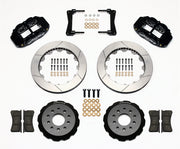 Wilwood front Superlite 6R kit for Ford Mustang, black calipers and 13.06-inch gt slotted rotors laid out