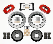Wilwood front Superlite 6R kit for Ford Mustang, red calipers and 14-inch srp drilled and slotted rotors laid out