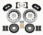 Wilwood front Superlite 6R kit for Ford Mustang, black calipers and 14-inch srp drilled and slotted rotors laid out