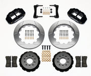 Wilwood front Superlite 6R kit for Ford Mustang, black calipers and 14-inch gt slotted rotors laid out