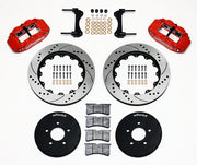 Wilwood front Superlite 6R kit for Ford Mustang Five-Lug Spindles, red calipers and 14-inch srp drilled and slotted rotors laid out