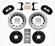 Wilwood front Superlite 6R kit for Ford Mustang Five-Lug Spindles, black calipers and 14-inch srp drilled and slotted rotors laid out