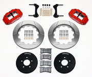 Wilwood front Superlite 6R kit for Ford Mustang Five-Lug Spindles, red calipers and 14-inch gt slotted rotors laid out