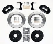 Wilwood front Superlite 6R kit for Ford Mustang Five-Lug Spindles, black calipers and 14-inch gt slotted rotors laid out