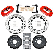 Wilwood rear Superlite 4R kit for Chevrolet Corvette C5/C6 & Cadillac XLR, red calipers and 14-inch srp drilled and slotted rotors laid out