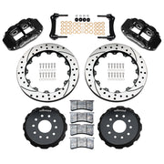 Wilwood rear Superlite 4R kit for Chevrolet Corvette C5/C6 & Cadillac XLR, black calipers and 14-inch srp drilled and slotted rotors laid out