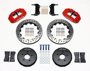 Wilwood front Superlite 6R kit for Nissan 350Z & Infiniti G35, red calipers and 13.06-inch srp drilled and slotted rotors laid out