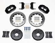 Wilwood front Superlite 6R kit for Nissan 350Z & Infiniti G35, black calipers and 13.06-inch srp drilled and slotted rotors laid out