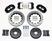 Wilwood front Superlite 6R kit for Nissan 350Z & Infiniti G35, black calipers and 14-inch srp drilled and slotted rotors laid out