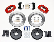 Wilwood front Superlite 6R kit for Nissan 350Z & Infiniti G35, red calipers and 14-inch gt slotted rotors laid out